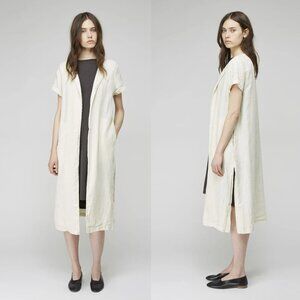 Black Crane Long Slit Coat in Cream Linen Small